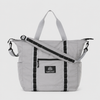 Gray packable duffel tote with detachable shoulder strap