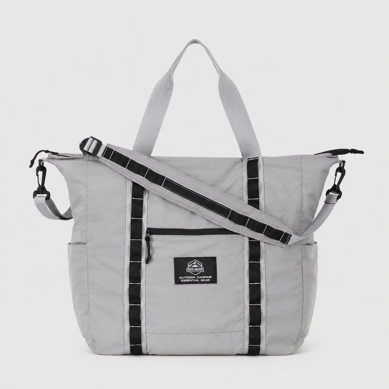 Gray packable duffel tote with detachable shoulder strap