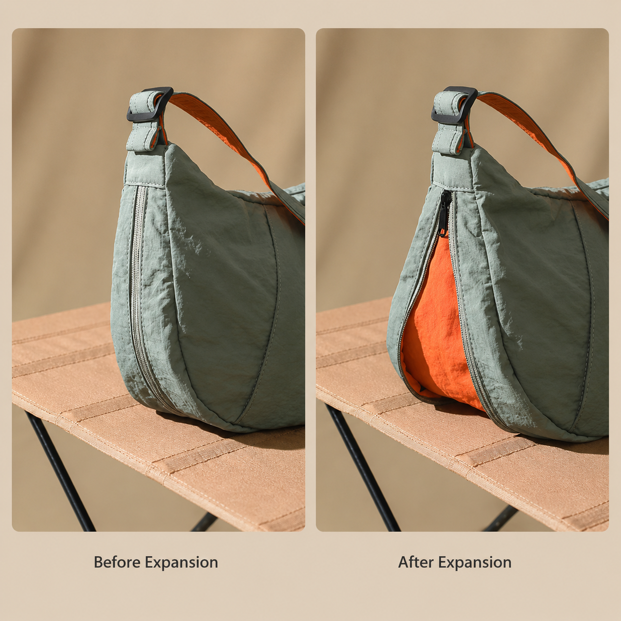 Accordion gusset before and after expansion on crescent bag