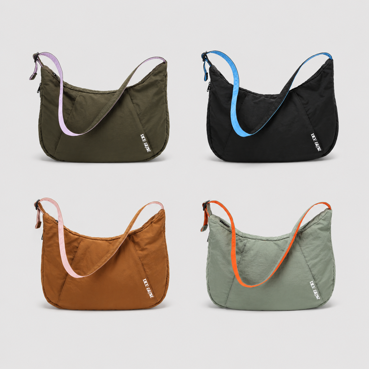 Four color options for OCE GEAR expandable crescent shoulder bag