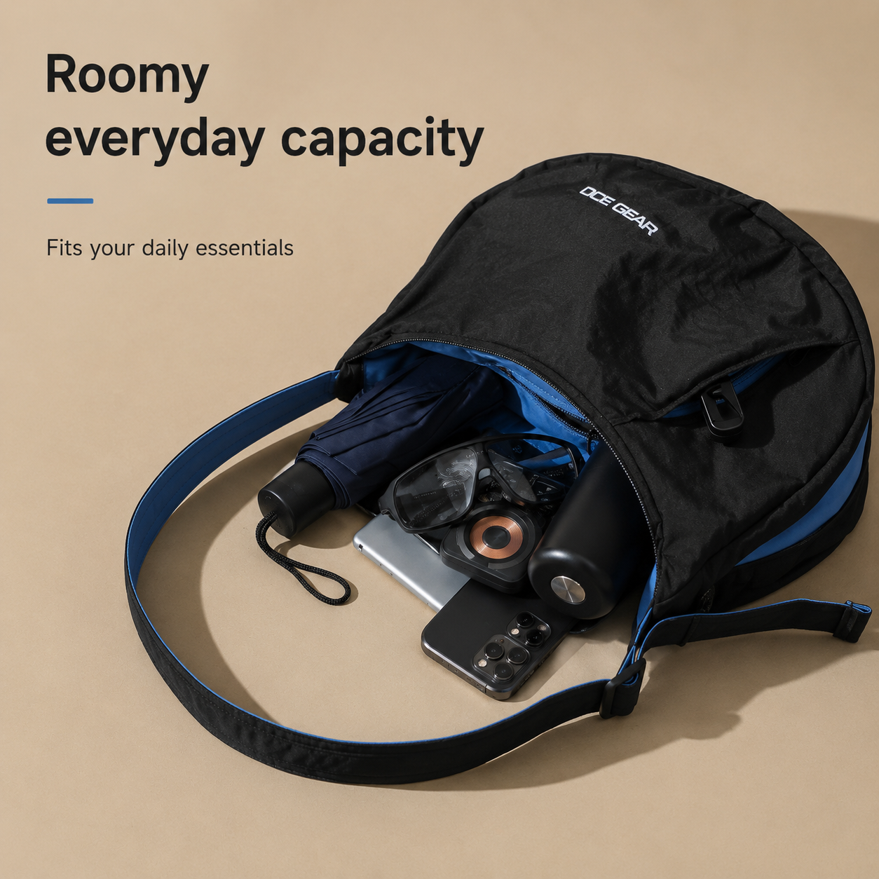 Roomy everyday capacity inside expandable crescent shoulder bag