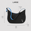 Large expandable crescent shoulder bag size chart 43 by 30 by 11 cm