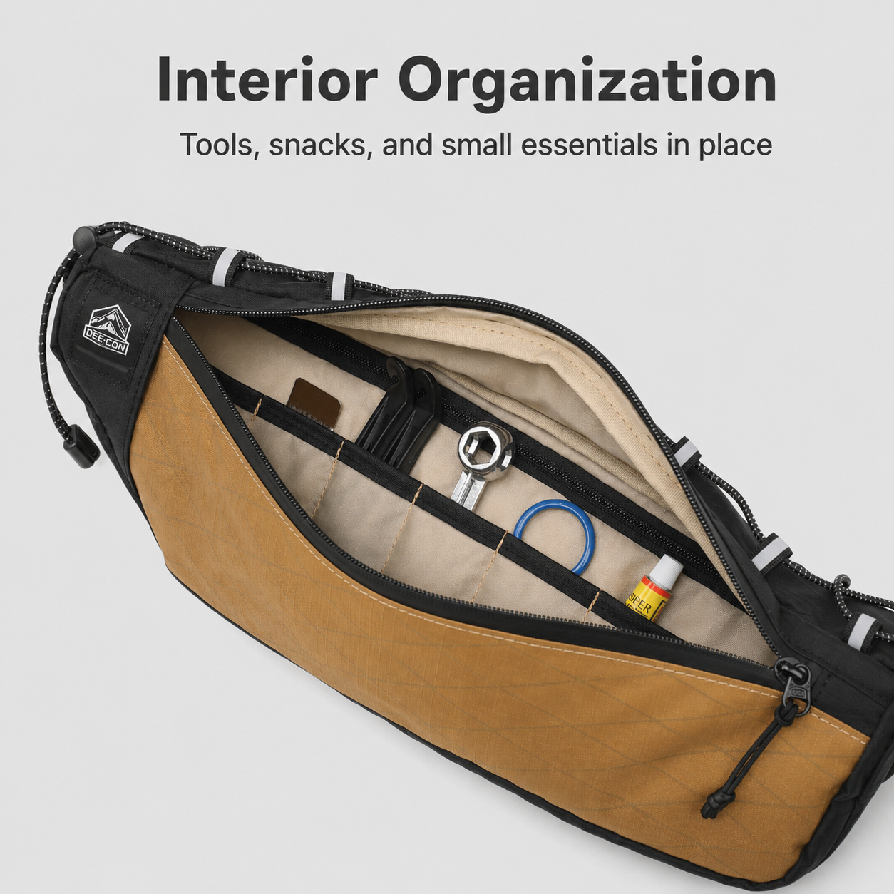 Organized interior storage in OCE GEAR XPAC bike frame bag