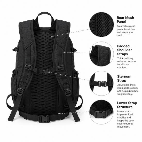 Rear mesh panel padded shoulder straps sternum strap and lower strap details