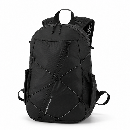 Black 18L FIBERMAX44 lightweight outdoor backpack angled front view