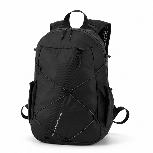 Black 18L FIBERMAX44 lightweight outdoor backpack angled front view