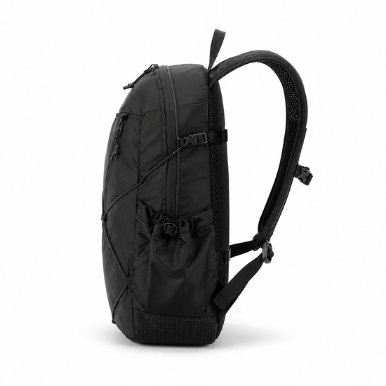 Side cinch pocket and profile view on 18L lightweight hiking daypack